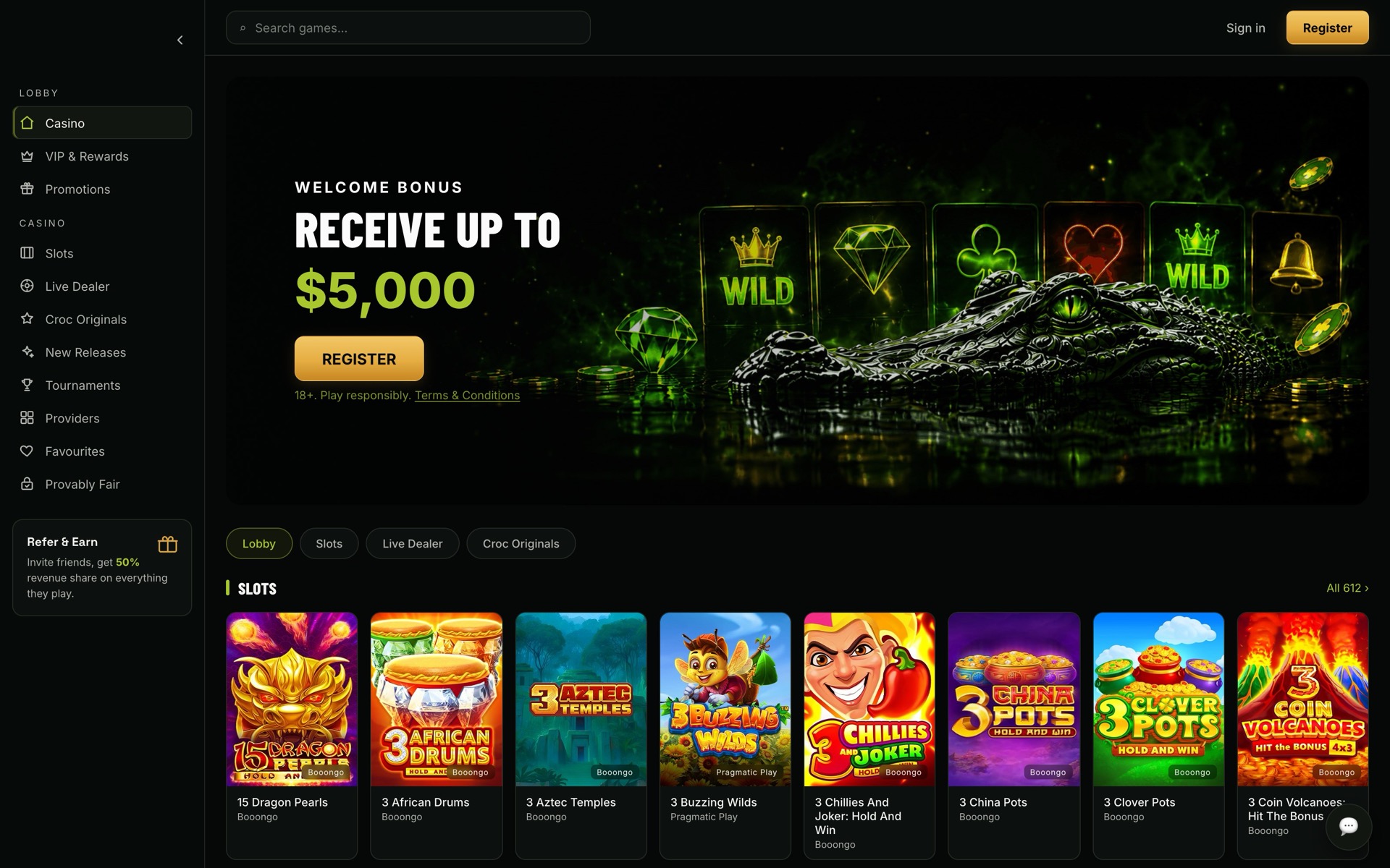 Dark and gold demo skin, desktop lobby, logo removed: dark casino lobby with gold accents, welcome bonus hero and slots row.