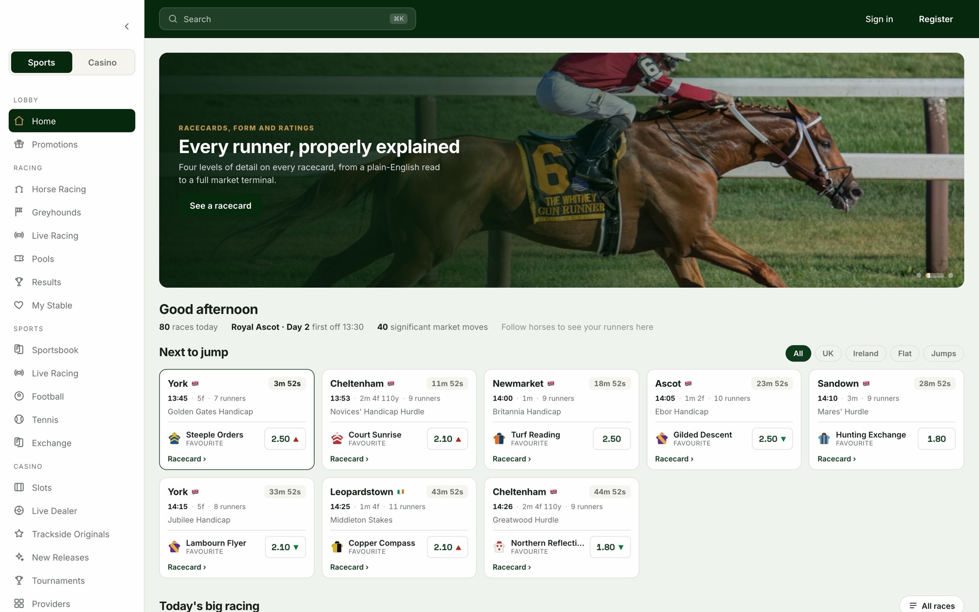 Racing-first demo skin, desktop, logo removed: sportsbook with today's big racing, next to jump and market movers.