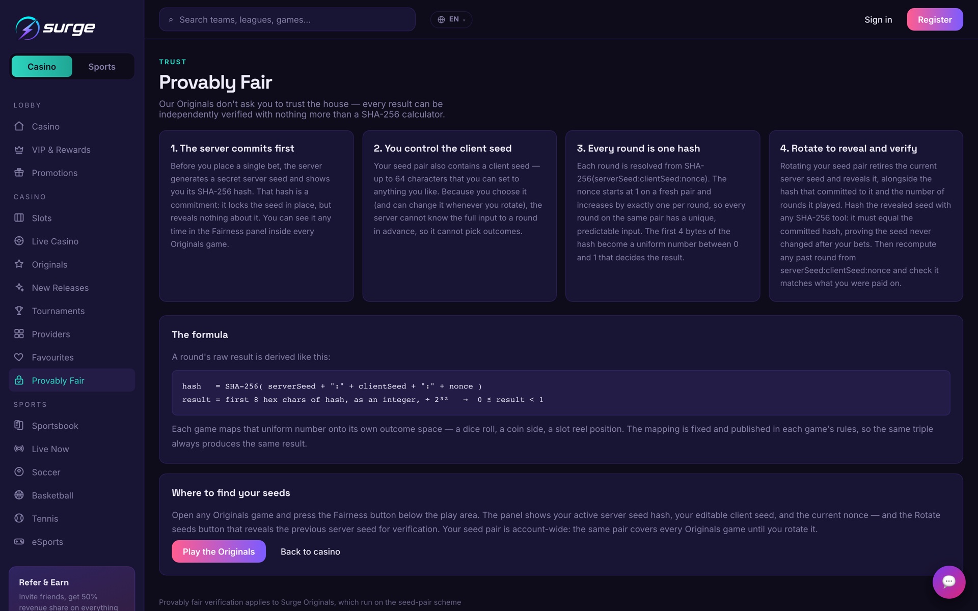 The Surge provably fair page, explaining how each round seed is published and can be verified after settlement.